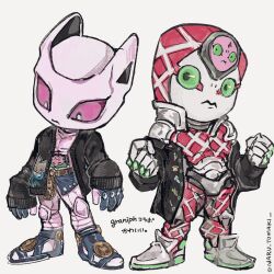  2others black_jacket closed_mouth commentary deformed diamond_wa_kudakenai epitaph_(jojo) full_body green_eyes highres jacket jojo_no_kimyou_na_bouken killer_queen king_crimson_(stand) multiple_others naru_tomaki open_clothes open_jacket other_focus shoes stand_(jojo) standing stray_cat_(jojo) symbol-only_commentary twitter_username vento_aureo yellow_eyes 