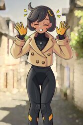  1girl absurdres black_bodysuit black_gloves black_hair blush bodysuit bodysuit_under_clothes breasts brown_jacket closed_eyes dark-skinned_female dark_skin el_pan_frances emma_(pokemon) facing_viewer gloves hair_ornament highres jacket latex latex_bodysuit mega_stone open_mouth orange_gloves pokemon pokemon_legends:_z-a short_hair smile solo two-tone_gloves 