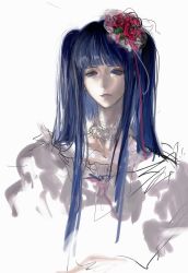  1girl absurdres blue_eyes blue_hair blunt_bangs choker empty_eyes expressionless frilled_choker frills furudo_erika highres long_sidelocks looking_afar nnightcruising no_pupils portrait sidelocks solo twintails umineko_no_naku_koro_ni 