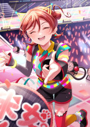  1girl :d ^_^ absurdres animal_ears asymmetrical_sleeves black_shoes black_shorts black_sleeves breasts closed_eyes commentary_request detached_sleeves facing_viewer fake_animal_ears fake_tail finger_gun glowstick gradient_thighhighs grey_sleeves hair_bun hand_fan highres long_sleeves love_live! love_live!_superstar!! medium_breasts mismatched_sleeves nico_ron_nico official_alternate_costume open_mouth paper_fan penlight_(glowstick) pointing pointing_at_viewer red_thighhighs shoes short_hair_with_long_locks short_sleeves shorts single_side_bun single_thighhigh sleeves_past_wrists smile solo stage tail thigh-highs two-tone_thighhighs uchiwa uneven_sleeves vitamin_summer! yellow_thighhighs yoneme_mei 