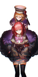  2girls beads belt black_belt black_bow black_bowtie black_gloves black_hat black_jacket black_thighhighs blue_eyes blunt_bangs bow bowtie capelet elbow_gloves eva_beatrice feet_out_of_frame flower frilled_capelet frilled_sleeves frills gloves hair_beads hair_ornament hands_on_another&#039;s_shoulders hat hat_flower hat_ribbon head_tilt highres jacket lobelia_(saclia) looking_to_the_side multiple_girls orange_hair pink_bow pink_bowtie puffy_sleeves purple_capelet red_flower red_hair red_rose ribbon ribbon-trimmed_capelet ribbon-trimmed_headwear ribbon_trim rose shirt sitting skirt sleeves_past_wrists thigh-highs twintails umineko_no_naku_koro_ni ushiromiya_ange white_background white_shirt white_skirt wide_sleeves 