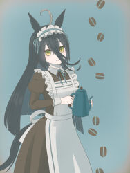  1girl animal_ears apron brown_dress closed_mouth coffee_beans dress frilled_apron frills green_background hair_between_eyes hands_up highres holding holding_kettle horse_ears horse_girl horse_tail kettle long_dress long_hair long_hair_between_eyes long_sleeves maid_headdress manhattan_cafe_(umamusume) okk1772 puffy_sleeves simple_background smile solo tail umamusume white_apron yellow_eyes 