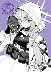  1girl atsuko_(blue_archive) blue_archive bow closed_mouth coat commentary cowboy_shot gloves greyscale_with_colored_background hair_between_eyes hair_bow halo highres holding holding_mask hood hood_up hooded_coat long_bangs long_hair looking_at_viewer mask matsumoto_tomoyohi pouch purple_background solo spot_color unworn_mask violet_eyes 