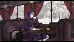  1girl amazu_(uzu_amazu) book candle cup curtains dress highres indoors lamp lolita_fashion looking_to_the_side nail_polish original portfolio purple_dress restaurant scarf sitting snow snowing solo table teacup tree white_scarf window 
