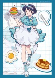  1girl :o apron aqua_dress artist_name bacon blue_border blue_hair bob_cut border bow bow_choker breasts brown_eyes burger butter buttons cheese choker commentary double-breasted dress drop_shadow egg flag food fork fried_egg frilled_apron frills grid_background halftone highres holding holding_food holding_tray knife lettuce looking_at_viewer medium_breasts open_mouth outside_border pancake pancake_stack plate puffy_short_sleeves puffy_sleeves ranma_1/2 roller_skates serving short_hair short_sleeves signature skates skating solo tendou_akane tomoe00022 toothpick tray twitter_username visor_cap waist_apron waitress white_apron white_bow white_choker wrist_cuffs zoom_layer 