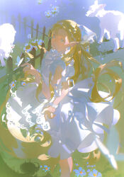  1girl absurdres alternate_costume animal arm_behind_back baby_animal bare_arms blonde_hair bloom blue_flower bracelet braid chinese_commentary chromatic_aberration closed_mouth commentary_request day dress dungeon_meshi earrings elf eterno-11 fence flower flower_bracelet forehead grass green_eyes hair_behind_ear half_updo hand_up highres jewelry lace-trimmed_dress lace_trim lamb long_dress long_hair looking_back looking_up marcille_donato meadow on_grass outdoors pointy_ears sheep side_braid sidelighting sleeveless sleeveless_dress solo standing stud_earrings sundress sunlight very_long_hair white_dress white_flower wooden_fence 