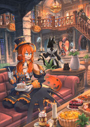  3girls :d ahoge animal_ears axe black_dress black_pantyhose blue_eyes cake candle candlestand chandelier coffin couch dark-skinned_female dark_skin dress eating extra_tails food fork ghost gloves halloween hat highres holding holding_fork holding_tray indoors jack-o&#039;-lantern low_wings maid maid_headdress medium_hair multiple_girls nagi_itsuki on_couch orange_hair original pantyhose plant pointy_ears potted_plant scythe sitting smile stairs top_hat tray vase white_gloves wings 