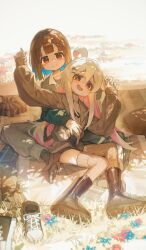  2girls @_@ ahoge ap04astral blue_hair boots brown_hair c: colored_inner_hair cuddling cushion day flower grass highres hozuki_momiji hug hug_from_behind long_hair long_sleeves looking_at_viewer multicolored_hair multiple_girls on_floor onii-chan_wa_oshimai! open_mouth outdoors oyama_mahiro pants picnic picnic_blanket pink_hair pleated_skirt removing_shoes shoes sitting skirt smile sneakers socks sunlight sweater sweater_under_jacket thigh-highs turtleneck turtleneck_sweater white_hair wrapped_bento yokozuwari 
