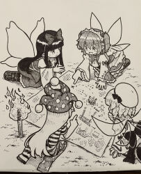  4girls absurdres bow clownpiece commentary_request dress drill_hair english_commentary fairy fairy_wings fang fire hair_bow hakurei_reimu hat headdress highres jester_cap long_hair long_sleeves luna_child mixed-language_commentary monochrome multiple_girls open_mouth pantyhose paper planted pointing polka_dot polka_dot_headwear sitting skin_fang smile star_(symbol) star_print star_sapphire striped_clothes striped_dress striped_pantyhose sunny_milk suteruko torch touhou traditional_media very_long_hair wide_sleeves wings 