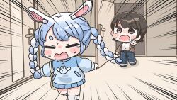  2girls animal_ear_fluff animal_ears bag blue_hair blue_jacket blue_pants blush_stickers braid brown_eyes brown_hair brown_jacket chibi closed_eyes emphasis_lines hololive indoors jacket long_sleeves mochimiko multicolored_hair multiple_girls open_clothes open_door open_jacket open_mouth pants puffy_long_sleeves puffy_sleeves rabbit_ears running shirt short_eyebrows socks sweat tears thick_eyebrows twin_braids twintails two-tone_hair usada_pekora v-shaped_eyebrows virtual_youtuber wavy_mouth white_shirt white_socks 
