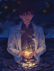  1boy :d black_hair black_shirt coat collared_shirt colored_veins cowboy_shot cracked_skin glowing head_tilt highres holding holding_star kim_dokja male_focus night omniscient_reader's_viewpoint open_clothes open_coat outdoors own_hands_together partially_submerged popped_collar reflection reflective_water shirt short_hair sky smile solo star_(sky) star_(symbol) starry_sky v_kyyi white_coat 