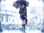 black_eyes black_hair character_request expressionless goto_p long_hair scarf skirt solo source_request standing umbrella 