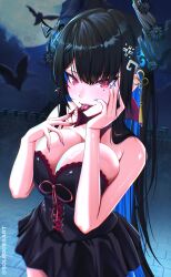  1girl absurdres bat_(animal) black_corset black_hair blood blood_on_hands breasts commentary corset english_commentary hair_ornament highres hololive hololive_english horns large_breasts long_hair multicolored_hair nerissa_ravencroft night red_eyes solevisionarts solo tongue tongue_out virtual_youtuber 