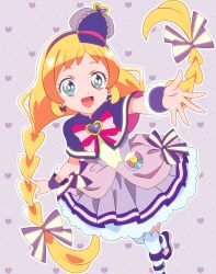  1girl :d absurdres argyle_background arm_up blonde_hair blue_eyes bow bow_earrings braid bright_pupils brooch capelet chest_bow commentary crossed_ankles cure_friendy deerstalker dotted_background dress dress_bow earrings floating_hair foot_out_of_frame frilled_wrist_cuffs frills hair_bow hat hat_ornament heart heart_background heart_hat_ornament highres inukai_iroha jewelry layered_dress long_hair looking_at_viewer low-tied_long_hair low_twin_braids magical_girl multicolored_bow open_hand open_mouth outline outstretched_hand pact_holder petticoat pink_bow pouch precure purple_background purple_bow purple_capelet purple_dress purple_hat purple_shoes purple_wrist_cuffs shinonome_sakura shoes short_dress sleeveless sleeveless_dress smile solo spread_fingers striped_bow thigh-highs tilted_headwear twin_braids very_long_hair white_outline white_thighhighs wonderful_pact wonderful_precure! wrist_cuffs yellow_pupils zettai_ryouiki 