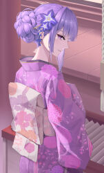  1girl alternate_costume artist_request back_bow bad_id bad_pixiv_id blunt_bangs bow floral_print floral_print_kimono flower flower_ornament from_behind from_side genshin_impact hair_ornament hair_up highres japanese_clothes kimono long_sleeves looking_at_viewer looking_to_the_side mole mole_under_eye outdoors parted_lips pink_lips print_kimono puffy_sleeves purple_flower purple_kimono raiden_shogun sash shade solo standing violet_eyes wide_sleeves 