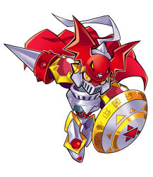  apollousa_(hwcdmw1997) armor asymmetrical_dual_wielding cape chibi digimon digimon_(creature) dual_wielding dukemon helmet highres holding holding_polearm holding_shield holding_weapon knight lance polearm red_cape shield simple_background solo weapon white_armor white_background white_helmet yellow_eyes 