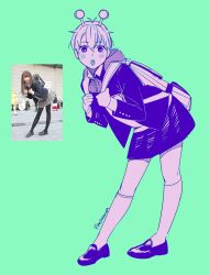  1girl absurdres alien antennae artist_name backpack bag blush bow bowtie commentary dandadan firemauer full_body green_background highres holding_strap hood hood_down hoodie jacket kami_high_school_uniform kneehighs leaning_forward looking_at_viewer miniskirt monochrome open_mouth photo-referenced photo_inset school_uniform shoes short_hair simple_background skirt socks solo standing symbol-only_commentary vamola_(dandadan) 
