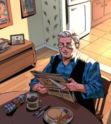  1boy absurdres bacon black_shirt blue_shirt book book_stack coffee coffee_mug cup drawer eating egg english_text food fork glasses grey_hair highres holding holding_newspaper house indoors knife leo_chiola male_focus marvel marvel_snap mature_male mug napkin newspaper official_art omelet overshirt picture_frame pile_of_books plate refrigerator shirt solo spider-man_(series) uncle_ben undershirt wrinkled_skin 