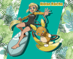  1girl alolan_raichu aqua_eyes barefoot black_one-piece_swimsuit blonde_hair breasts character_name commentary_request creature_and_personification dark-skinned_female dark_skin drop_shadow eyelashes fern leaf long_hair long_sleeves mabu_(dorisuto) official_style one-piece_swimsuit open_mouth outline outstretched_arms personification pokemon pokemon_(creature) ponytail sidelocks smile spread_arms surfboard surfing swimsuit teeth undercut upper_teeth_only white_outline 