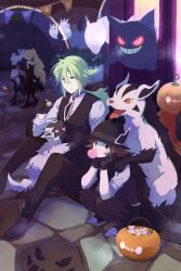  2boys 3girls absurdres black_gloves black_hat black_vest blowing_bubble_gum brown_eyes brown_hair caitlin_(fall_2021)_(pokemon) caitlin_(pokemon) chewing_gum commentary_request gengar gloves green_hair halloween halloween_bucket hands_up hat highres hilbert_(fall_2020)_(pokemon) hilbert_(pokemon) iris_(fall_2022)_(pokemon) iris_(pokemon) long_hair mightyena multiple_boys multiple_girls n_(pokemon) night official_alternate_costume outdoors pants pokemon pokemon_(creature) pokemon_bw pokemon_masters_ex poochyena shauntal_(fall_2024)_(pokemon) shauntal_(pokemon) shirt shoes short_hair sitting squatting tarai_(yamadarairai) vest 