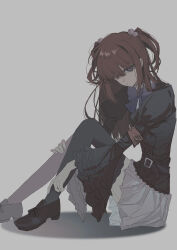  1girl absurdres armband beads belt black_belt black_jacket black_shoes black_thighhighs blue_eyes bow bowtie expressionless frilled_sleeves frills hair_beads hair_ornament hair_over_one_eye half_updo head_tilt highres jacket loafers looking_at_viewer muted_color puffy_sleeves purple_bow purple_bowtie red_armband red_hair shoes sitting skirt solo thigh-highs twintails umineko_no_naku_koro_ni ushiromiya_ange white_skirt wide_sleeves yibantongguochunyuan 