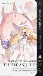  1girl :d basket black_shoes blonde_hair blue_eyes bread carrot commentary company_name copyright_name copyright_notice detached_sleeves dress duet_night_abyss english_commentary english_text filbert_(duet_night_abyss) food full_body hair_ornament hat highres holding holding_basket long_hair long_sleeves looking_at_another official_art pig puffy_long_sleeves puffy_sleeves shoes smile socks solo sparkle tomato truffle_(duet_night_abyss) very_long_hair whistle white_dress white_hat white_sleeves white_socks 