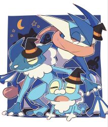  =_= candle closed_eyes closed_mouth crescent_moon evolutionary_line fire froakie frog frogadier gengar greninja halloween hat hibani123 highres litwick long_tongue moon open_mouth pink_eyes pokemon pokemon_(creature) pokemon_focus pumpkaboo red_eyes star_(symbol) tongue tongue_scarf webbed_feet witch_hat 