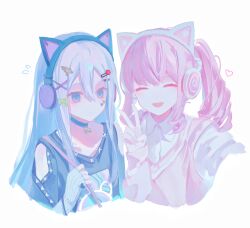  1girl 1other :d ^_^ absurdres akiyama_mizuki animal_ear_headphones animal_ears black_choker black_shirt blue_eyes cat_ear_headphones cat_ears choker closed_eyes closed_mouth clothing_cutout collarbone collared_shirt cropped_torso double-parted_bangs drill_hair drill_sidelocks expressionless facing_viewer fake_animal_ears fingerless_gloves flying_sweatdrops gloves grey_hair hair_between_eyes hair_ornament hand_up headphones heart high_side_ponytail highres holding long_hair long_sleeves looking_ahead negai_wa_itsuka_asa_wo_koete_(project_sekai) official_alternate_costume open_mouth pale_skin phlic pink_hair pink_sweater_vest project_sekai ribbed_gloves selfie shirt shoulder_cutout side_drill side_ponytail sidelocks smile straight_hair sweater_vest v v-neck white_gloves white_shirt x_hair_ornament yoisaki_kanade you_are_my_hero!!_(project_sekai) 