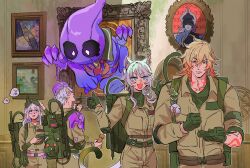  2girls absurdres animal_ears antenna_hair arm_tattoo behind_another blonde_hair blue_eyes boo_(mario) braid brown_jumpsuit c4l1k0c4t castorice_(honkai:_star_rail) cat_ears cat_girl cat_tail charm_(object) cipher_(honkai:_star_rail) fang flashlight flashlight_beam ghost ghostbusters ghostbusters_uniform gloves grey_hair hair_between_eyes highres holding holding_flashlight honkai:_star_rail honkai_(series) indoors jumpsuit long_hair looking_at_another looking_at_object lygus_(honkai:_star_rail) multicolored_hair multiple_girls mydei_(honkai:_star_rail) neck_tattoo official_art_inset orange_hair parody phainon_(honkai:_star_rail) pointing pointing_at_another pointy_ears portrait_(object) proton_pack red_tattoo shirt short_hair side_braid single_braid slime_(substance) slimer smile spirithief_bartholos_(honkai:_star_rail) super_mario_bros. tail tattoo turtleneck turtleneck_shirt two-tone_hair yellow_eyes 