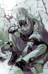  1boy absurdres against_wall aventurine_(honkai:_star_rail) bleeding blood blood_from_forehead blood_on_face cleavage_cutout closed_eyes closed_mouth clothing_cutout collared_shirt commentary_request crossed_bangs earrings fur-trimmed_jacket fur_trim gloves greyscale hair_between_eyes hand_up highres holding honkai:_star_rail honkai_(series) jacket jewelry knee_up male_focus messy_hair monochrome multiple_rings neck_tattoo off_shoulder on_ground open_clothes open_jacket pants parted_bangs ring shirt shoes short_hair single_earring single_glove sitting sleeve_cuffs smile socks solo stone_floor tattoo thigh_strap three-quarter_sleeves torn_clothes torn_shirt u_u vest watch watch yurugi_(yurugi_h) 