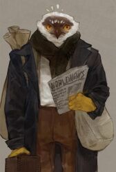  1boy bird_boy black_coat black_scarf briefcase brown_feathers coat commentary_request cowboy_shot feathers furry furry_male grey_background holding holding_briefcase holding_newspaper looking_at_viewer male_focus nagabe newspaper original scarf shirt simple_background solo suspenders white_feathers white_shirt yellow_eyes 