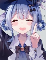  1girl :d ^_^ arm_up black_bow blue_hair blue_necktie blush bow braid braided_hair_rings closed_eyes facing_viewer flying_sweatdrops hair_rings hand_up highres ichigoprin15 index_finger_raised mahou_shoujo_no_majo_saiban necktie open_mouth short_hair smile solo tachibana_sherry upper_body 