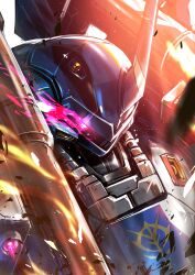  absurdres commentary_request debris flaming_eye glowing glowing_eye gundam gundam_0080 highres horns kampfer_(mobile_suit) looking_at_viewer mecha mecha_focus mobile_suit no_humans one-eyed robot science_fiction single_horn solo takamaru_(taka1220) upper_body violet_eyes zeon 