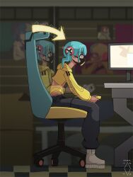  1girl aqua_hair arrow_(symbol) artist_logo artist_name bandeau black_mask blonde_hair breasts canari_(pokemon) chair computer controller dark-skinned_female dark_skin digiral electricity game_controller gaming_chair highres holding holding_controller holding_game_controller hunched_over jacket logo mask monitor mouth_mask multicolored_hair pants playing_games pokemon pokemon_legends:_z-a short_twintails solo split-color_hair swivel_chair twintails twitter_username two-tone_mask two-tone_pants yellow_bandeau yellow_jacket yellow_mask 