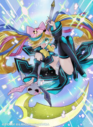  1girl black_skirt black_thighhighs black_tube_top blonde_hair blue_hair copyright_notice eldora_(wixoss) hair_over_one_eye holding holding_sack looking_at_viewer multicolored_hair official_art pink_hair ren-co sack skirt solo strapless streaked_hair thigh-highs tube_top wixoss yellow_eyes 