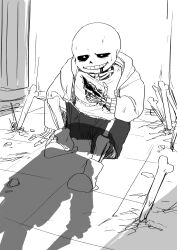  1boy 1other 2024 2d after_battle black_shorts blood_from_mouth bone digital_media floor frisk_(undertale) genocide_route_(undertale) hand_on_own_chest hollow_eyes hood hood_down hooded_jacket humanoid indoors injury jacket knee_up male monochrome monster monster_boy open_clothes open_jacket pillar sans_(undertale) shadow shirt shorts simple_background single_vertical_stripe sitting skeleton slash solo_focus spoilers striped_shorts sweat teeth tile_floor tiles undead undertale unyomoke utdr_(toby_fox) vertical-striped_clothes vertical-striped_shorts white_background white_shirt white_stripes 