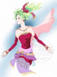  1girl artist_name bare_shoulders breasts cape cowboy_shot detached_sleeves dress earrings final_fantasy final_fantasy_vi gold_trim green_eyes green_hair hair_ribbon highres jewelry long_hair medium_breasts mishiro_yabuh outstretched_arms pantyhose parted_bangs pink_cape print_pantyhose red_dress red_ribbon red_sleeves ribbon sash solo strapless strapless_dress terra_branford tube_dress waist_sash wavy_hair 