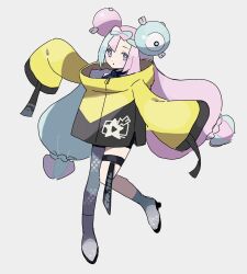  1girl :o blue_hair bow-shaped_hair character_hair_ornament eneko_(olavcnkrpucl16a) full_body grey_pantyhose hair_ornament highres iono_(pokemon) jacket long_hair looking_at_viewer pantyhose pink_hair pokemon pokemon_sv single_leg_pantyhose sleeves_past_fingers sleeves_past_wrists solo standing standing_on_one_leg thigh_strap twintails very_long_hair white_background yellow_jacket 