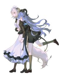  2girls absurdres ampheta animal_ears apron arknights bang_dream! bang_dream!_it&#039;s_mygo!!!!! black_jacket black_ribbon black_shoes black_shorts black_socks blonde_hair blue_hair brown_shoes chinese_commentary closed_eyes closed_mouth commentary_request dog_ears dog_girl dog_tail full_body hair_ribbon highres horns hug hug_from_behind jacket kneehighs long_hair maid maid_headdress medium_hair misumi_uika misumi_uika_(caged_singer) multiple_girls ribbon shoes shorts simple_background socks tail togawa_sakiko togawa_sakiko_(master_of_melodia) violet_eyes white_apron white_background yuri 