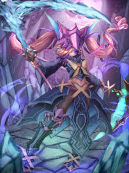  1girl absurdres black_boots black_jacket black_pantyhose black_skirt boots brown_hair closed_mouth eldora_(wixoss) haikei_(le_gris_no9) hair_over_one_eye highres holding holding_sack jacket long_hair looking_at_viewer pantyhose sack skirt smile solo twintails very_long_hair wixoss 