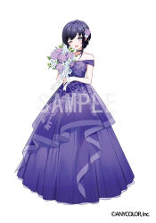  1girl ;d baby&#039;s-breath bare_shoulders black_choker bouquet breasts choker copyright_notice dress floral_print floral_print_dress flower full_body goroo_(eneosu) gown grey_eyes hair_bun hair_flower hair_ornament holding holding_bouquet layered_dress light_blush lily_(flower) long_dress looking_at_viewer nijisanji off-shoulder_dress off_shoulder official_art one_eye_closed pendant_choker ponto_nei print_dress purple_dress purple_flower purple_hair purple_rose rose rose_print sample_watermark short_sleeves sidelocks simple_background single_hair_bun small_breasts smile solo standing swept_bangs virtual_youtuber watermark white_arm_warmers white_background white_flower white_lily white_rose 