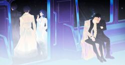  1girl 4boys black_coat black_hair black_shirt blonde_hair coat crew_neck crossed_arms dual_persona fading full_body han_sooyoung hands_on_lap head_down head_on_another&#039;s_shoulder highres kim_dokja lee_hakhyun llyuzurull looking_back multiple_boys omniscient_reader&#039;s_viewpoint shirt short_hair sitting sky space star_(sky) starry_sky train_interior walking waving white_coat yoo_joonghyuk 