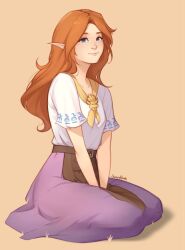  1girl apron artist_name blue_eyes brown_apron brown_background closed_mouth full_body hands_on_lap highres instrument kneeling light_smile long_hair long_skirt malon orange_hair parted_bangs pointy_ears purple_skirt shirt short_sleeves skirt sleepy_korok solo the_legend_of_zelda the_legend_of_zelda:_ocarina_of_time v_arms waist_apron white_shirt yellow_collar 