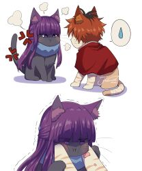  :i absurdres anger_vein angry animal animalization black_hair blush cat cheek_squash closed_mouth clothed_animal commentary fern_(sousou_no_frieren) highres j_humbo looking_at_another multicolored_hair no_humans orange_hair purple_hair scarf sousou_no_frieren spoken_sweatdrop stark_(sousou_no_frieren) sweatdrop symbol-only_commentary trembling two-tone_hair 