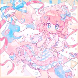  1girl :d animal_ears blue_bow blue_eyes blue_skirt blush_stickers bow braid cinnamoroll dot_nose fanqiealxe feet_out_of_frame floppy_ears fuwa_fuwa_cinnamoroll hair_bow hands_up hat highres medium_hair open_mouth original pink_hair rabbit_ears rabbit_girl sanrio shirt short_sleeves skirt smile standing star-shaped_pupils star_(symbol) star_balloon symbol-shaped_pupils teapot twin_braids white_hat white_shirt 