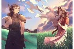  1boy 1girl aerith_gainsborough armor belt_buckle black_gloves black_hair blue_eyes blue_sky bracelet braid braided_ponytail brown_hair buckle buster_sword clouds cloudy_sky crisis_core_final_fantasy_vii dress feet_out_of_frame final_fantasy final_fantasy_vii final_fantasy_vii_remake gloves grass green_eyes hair_ribbon highres holding holding_letter jacket jewelry k_n0pee letter long_hair looking_up mountainous_horizon open_clothes open_jacket outdoors parted_lips pink_dress pink_ribbon red_jacket ribbon short_hair short_sleeves shoulder_armor sky sleeveless sleeveless_turtleneck spiky_hair sweater sword sword_on_back turtleneck turtleneck_sweater weapon weapon_on_back wind zack_fair 