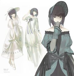  1girl absurdres black_eyes black_hair black_trim blue_ribbon bob_cut bonnet breasts capelet chin_strap closed_mouth copyright_name dress elbow_gloves fate/grand_order fate_(series) fingerless_gloves frilled_dress frills full_body gloves gothic_lolita green_bonnet green_dress hand_up hat high-low_dress highres kuonji_alice kuonji_alice_(second_ascension) kuonji_alice_(third_ascension) layered_dress lolita_fashion mahou_tsukai_no_yoru medium_dress multiple_views off-shoulder_dress off_shoulder puffy_short_sleeves puffy_sleeves ribbon see-through_capelet see-through_clothes see-through_gloves see-through_skirt_layer shoes short_sleeves simple_background small_breasts three-quarter_sleeves white_background white_dress white_hat white_shoes yuishironeko 