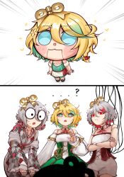  4girls ? absurdres alternate_color ascot barmaid blonde_hair blue_eyes cable cecilia_immergold cecilia_immergold_bot cecilia_immergreen cecilia_immergreen_(1st_costume) cecilia_immergreen_(new_year) colored_inner_hair corset crossed_arms detached_collar doll_joints floral_print floral_print_kimono gradient_hair green_corset green_eyes green_skirt grey_hair grey_kimono hair_between_eyes highres hololive hololive_english japanese_clothes joints kimono multicolored_hair multiple_girls print_kimono red_ascot red_corset red_eyes red_hair romper round_eyewear skirt virtual_youtuber white_background white_romper winding_key zookacchi 