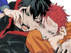  4boys anger_vein aohitsugi_samatoki aohitsugi_samatoki_(tdd) az_toa bead_bracelet beads black_hair black_jacket black_shirt blood blood_from_mouth blue_jacket blue_shirt bracelet bruise bruise_on_face bruised_eye cheek-to-cheek cheek_press choppy_bangs clenched_teeth commentary_request eye_contact eyelashes fang fingernails furrowed_brow glaring grabbing_another&#039;s_arm green_eyes grid_print hair_between_eyes hand_on_another&#039;s_face harai_kuko harai_kuko_(tdd_era) heads_together heterochromia highres hood hood_down hoodie hypnosis_mic implied_after_fight injury jacket jacket_over_hoodie jewelry long_sleeves looking_at_another looking_to_the_side loose_hair_strand mad_comic_dialogue male_focus mole mole_under_eye multiple_boys multiple_bracelets nosebleed nurude_sasara nurude_sasara_(tdd_era) open_mouth orange_shirt portrait red_eyes red_hair red_hoodie scrape scratches shirt short_hair short_sleeves silver_bracelet simple_background sweatdrop t-shirt teeth unzipped v-shaped_eyebrows very_short_hair white_background yamada_ichiro yamada_ichiro_(tdd) yellow_eyes zipper zipper_pull_tab 