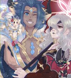  2boys 2girls alternate_form animal_ears ash_(fire_emblem) ash_(new_year)_(fire_emblem) askr_(fire_emblem) askr_(new_year)_(fire_emblem) bat_(animal) bat_ears blue_eyes blue_hair chibi chibi_inset collarbone commentary cow cow_ears cow_horns ear_piercing elm_(fire_emblem) elm_(new_year)_(fire_emblem) embla_(fire_emblem) embla_(new_year)_(fire_emblem) english_commentary fire_emblem fire_emblem_heroes flower grey_eyes hair_flower hair_ornament highres horns japanese_clothes kimono lace-trimmed_eyepatch long_hair lustrousdreams multicolored_eyes multiple_boys multiple_girls official_alternate_costume one_eye_closed one_eye_covered piercing pointy_ears red_background red_eyes red_flower red_kimono smile solo two-tone_eyes umbrella upper_body white_hair 